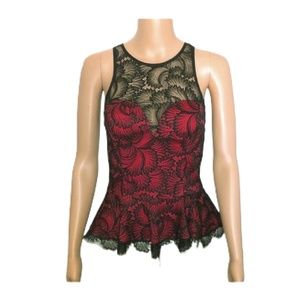 BEBE BLACK AND FUSCHIA LACE PEPLUM TOP